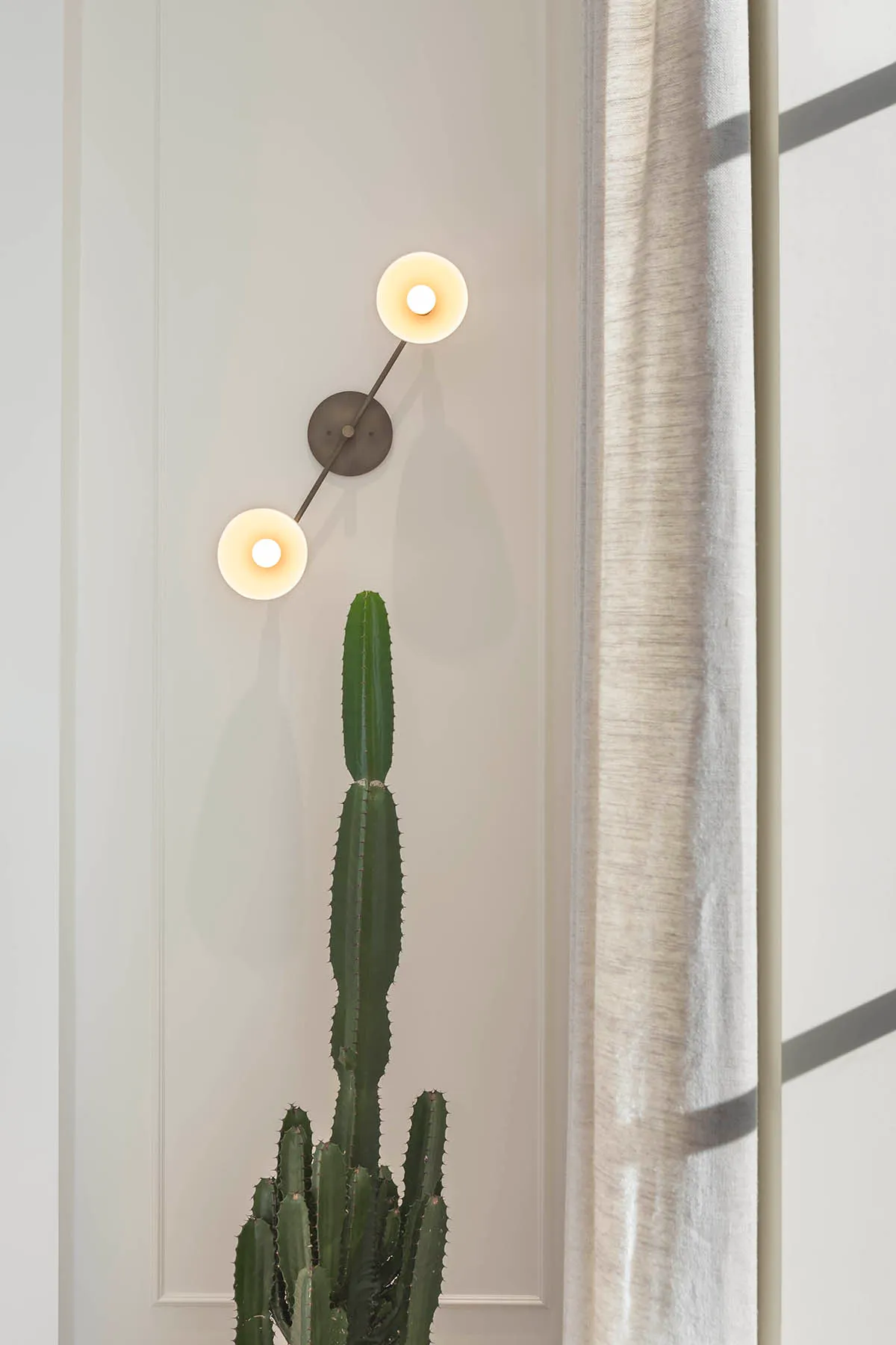 Wall light and cactus against the panelling