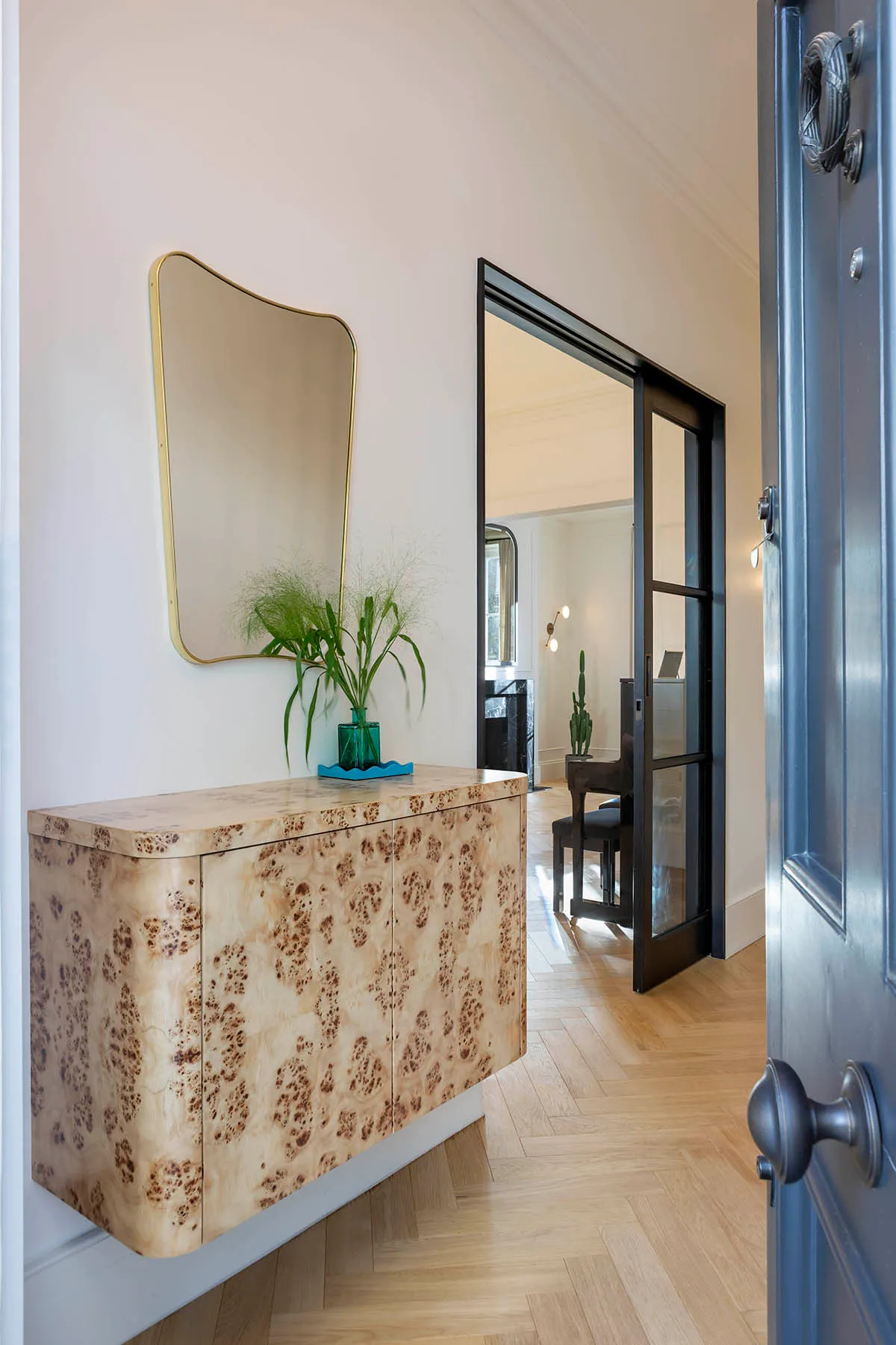 Hall console beside the open front door